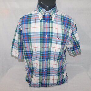 Vintage 90s Tommy Hilfiger Mens L Plaid Button Front Short Sleeve Shirt